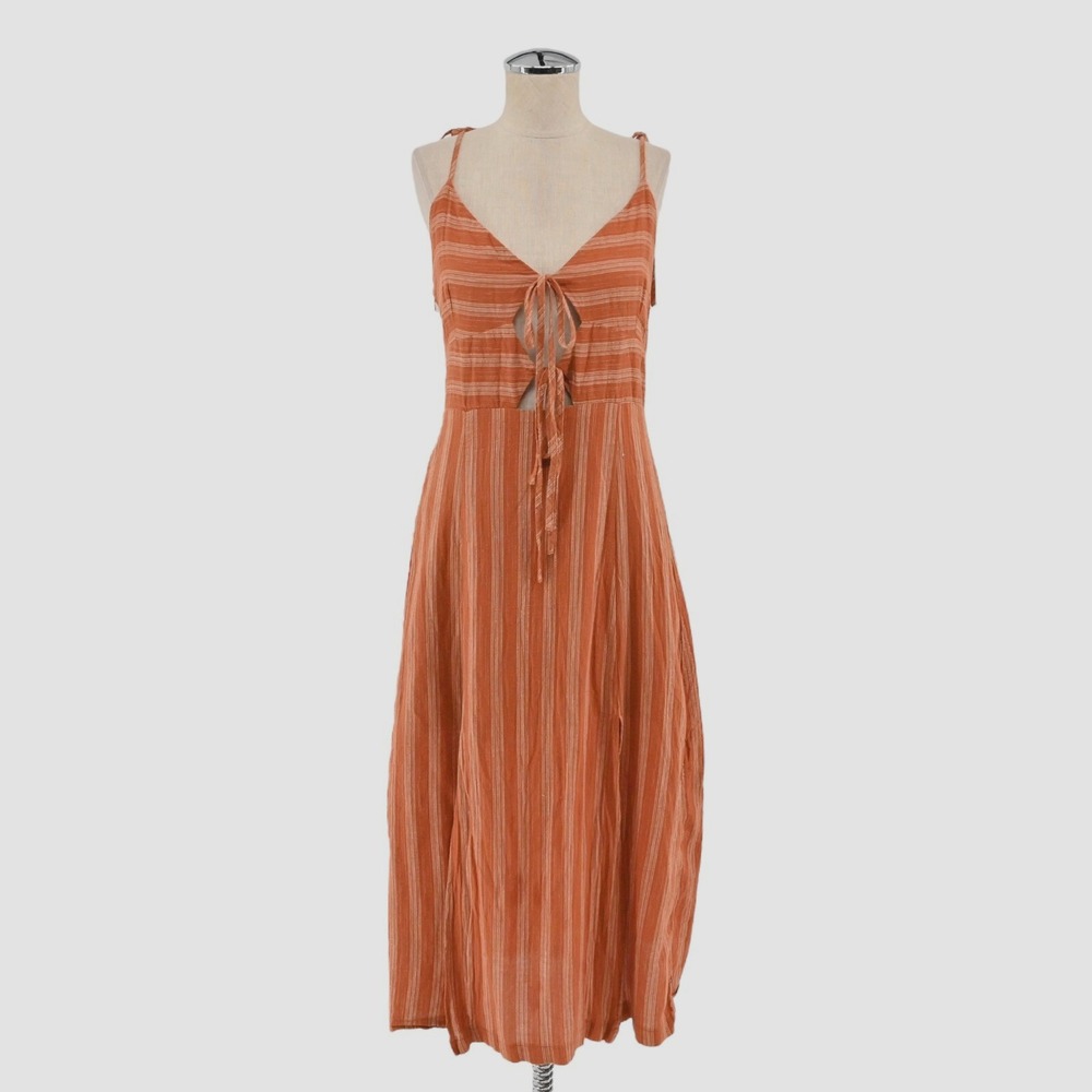 Storia Tie Front Cutout Midi Dress Womens Size M Rust Orange Striped Boho Summer